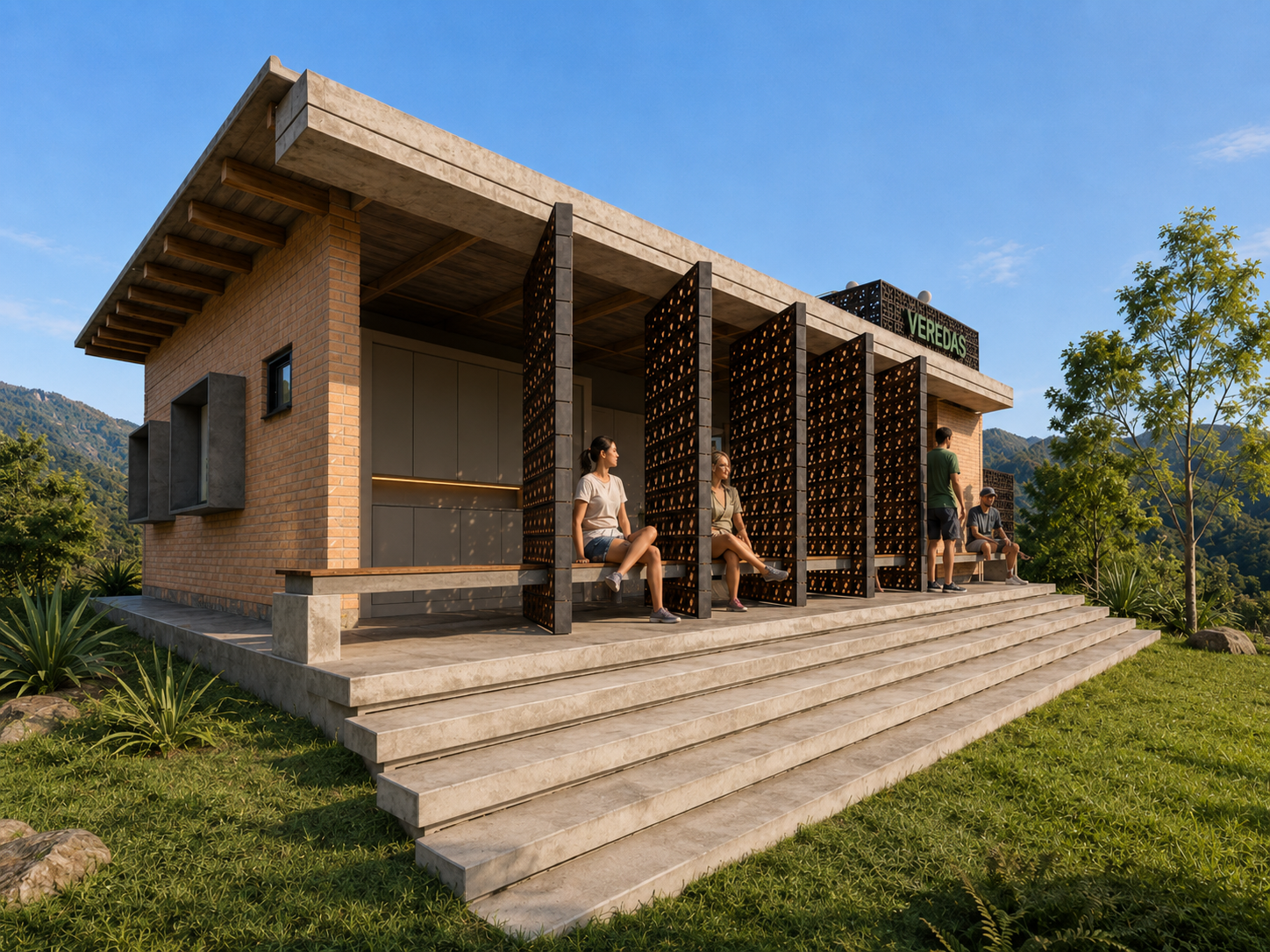 Representação do projeto futuro da área de apoio do camping, com varanda e cobogós