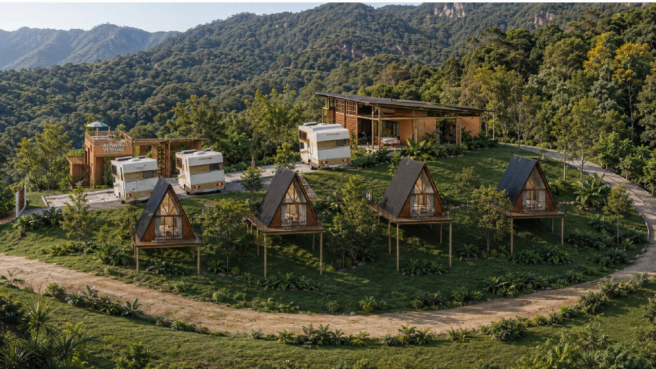 Render do projeto Recanto Veredas, chalés A-frame nas montanhas