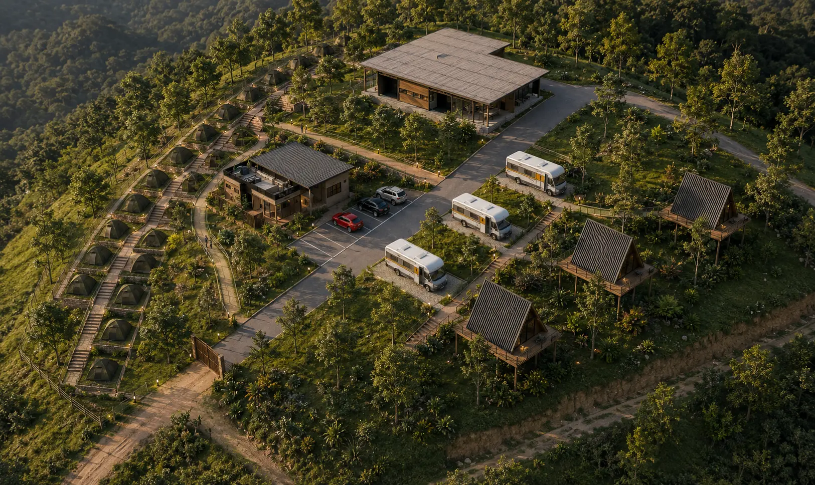 Representação do projeto futuro do Recanto Veredas em vista geral, com camping, motorhomes e chalés