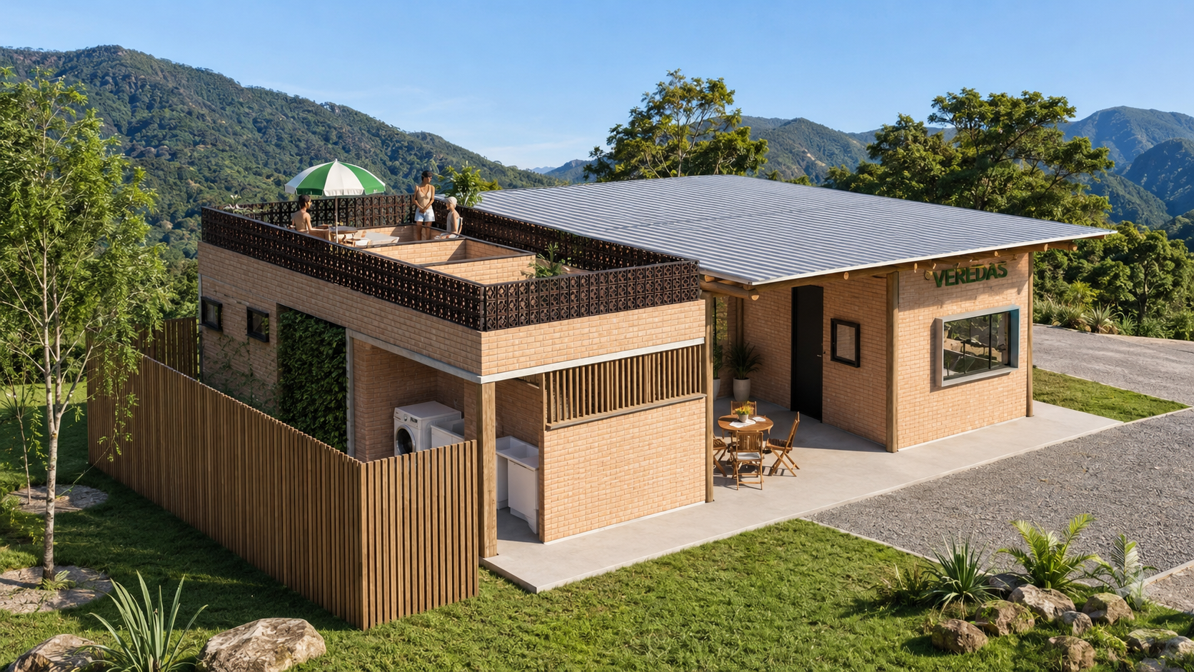 Representação do projeto futuro da área de apoio do camping, com terraço e vista para as montanhas
